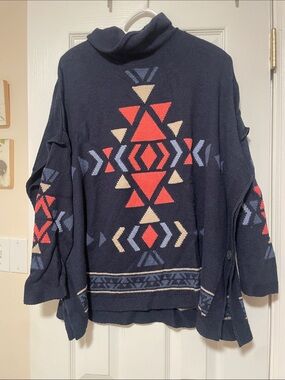 J Jill Navy Knit Cardigan with Red & Cream Aztec Motif
